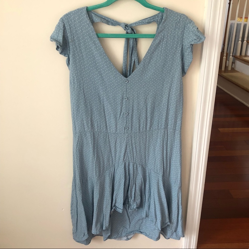 Baby Blue & White Polka Dot Faux Button Down Dress with Ruffle Peplum Bottom